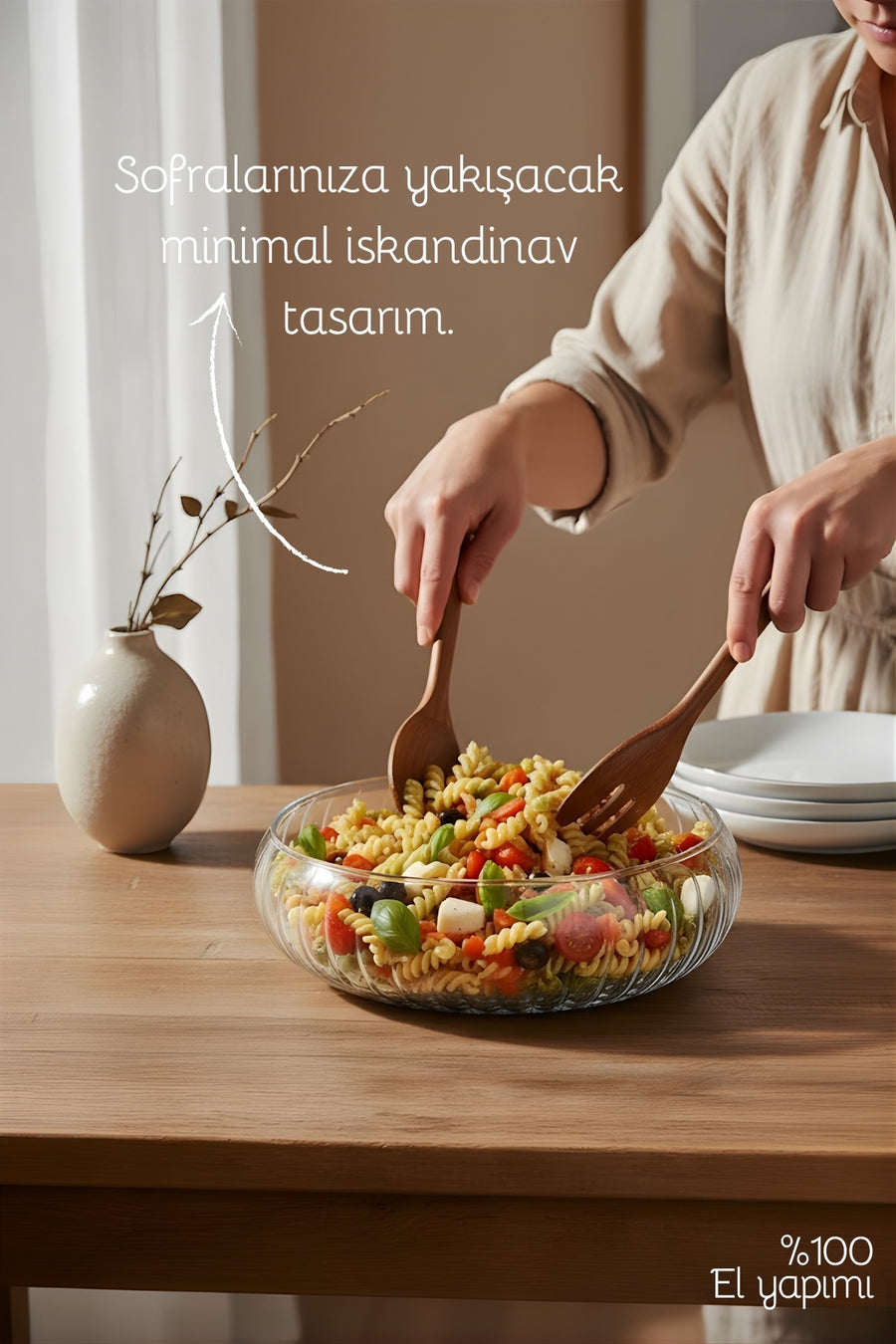 Nandy Home Büyük Boy Cam Salata Kasesi - İskandinav Tarz Kase - Şeffaf Kase