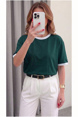 Teenage Millionaire Kadın Petrol Beyaz Biye Garnili Orta Kalın Soft Kumaş Bisiklet Yaka Yarım Oversize Salaş T-shirt - Nefti-Yesil