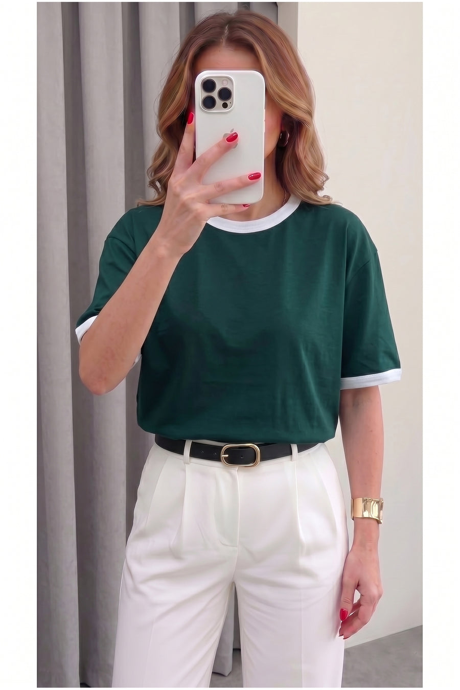 Teenage Millionaire Kadın Petrol Beyaz Biye Garnili Orta Kalın Soft Kumaş Bisiklet Yaka Yarım Oversize Salaş T-shirt - Nefti-Yesil