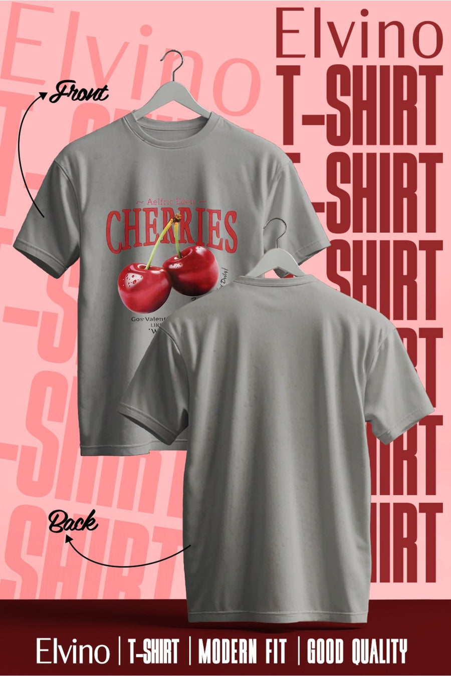 Elvino Red Cherries Baskılı Oversize Kadın/Erkek Unisex Beyaz Tshirt - Gri
