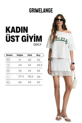 GRIMELANGE QALY Kadın Kayık Yaka Tek Omuz Kısa Kol Ön Ve Arka Baskı Detaylı Relaxed Ekru T-Shirt - Ekru