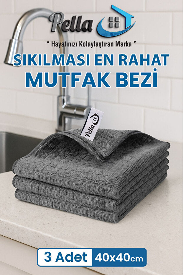 Pella 3'lü ithal Mutfak Bezi (MİKROFİBER) , Gri (40 CM X 40 CM)