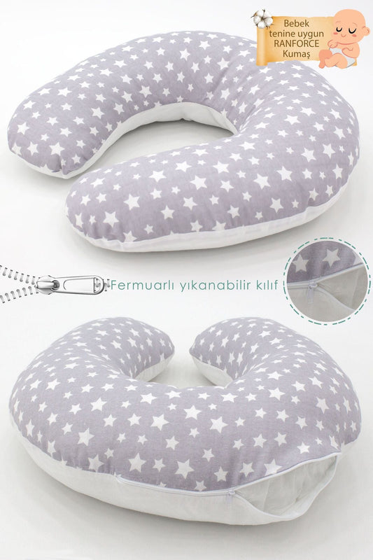 mordesign Çiftaraflı Emzirme Yastığı /bebek Destek Minderi, Hamile Yastığı, Pamuklu Kumaş, Stars Desen, Gri