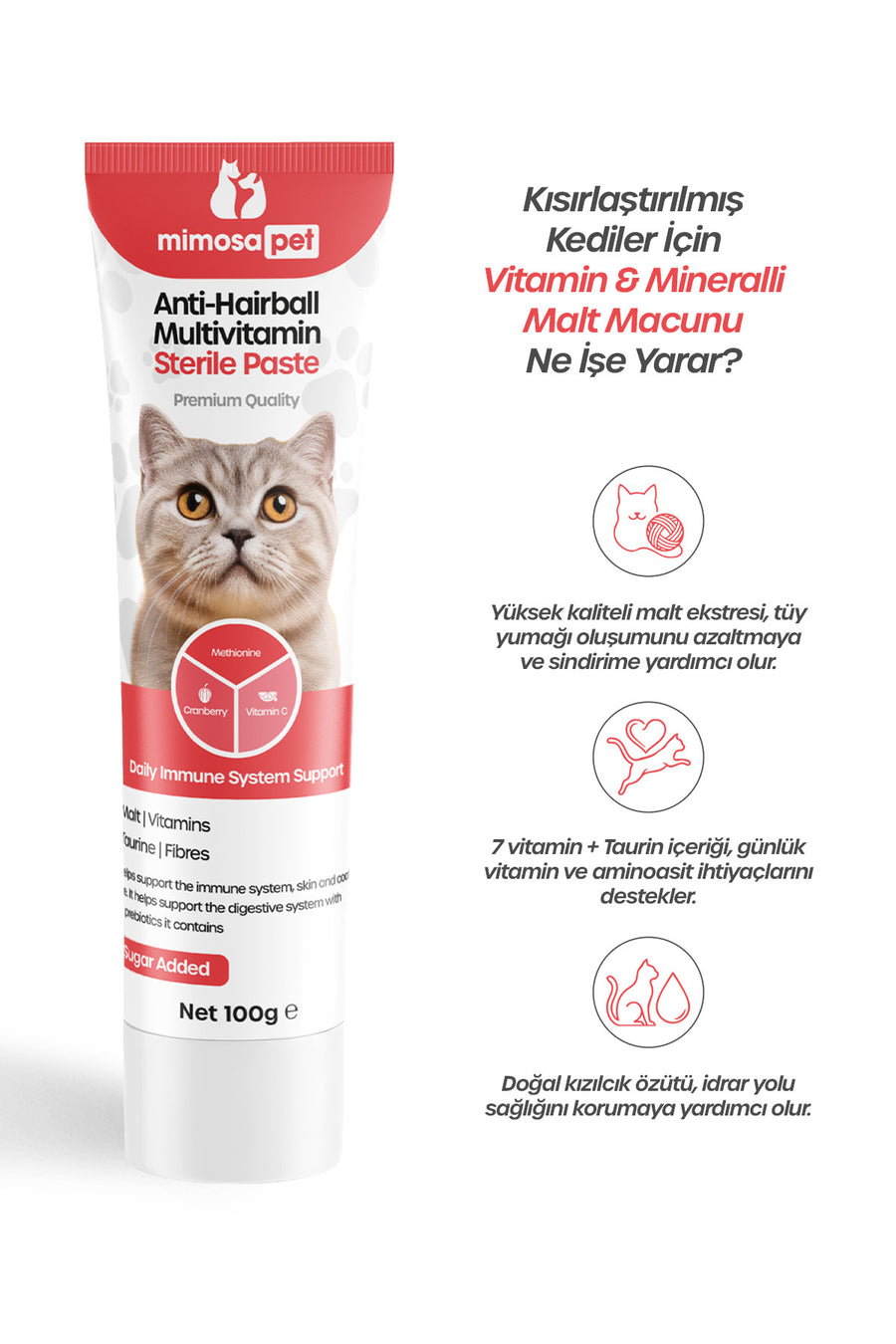 Mimosa Pet Tüy Dökülme Engelleyici, Tüy Yumağı Ve Kusma Önleyici Multivitamin Kedi Malt Macun 100 gr