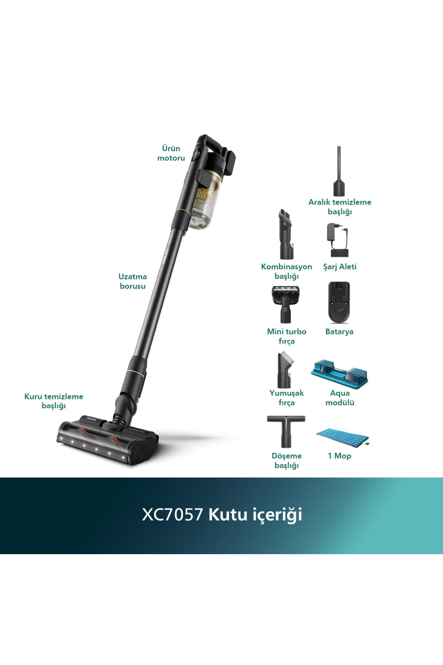 Philips 7000 Serisi Aqua 25.2 V Kablosuz Dik Süpürge, PowerCyclone 12, 80 dk'ya Kadar Şarj, XC7057/01 - Gold Dust