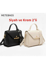 METEBAGS Siyah,Krem,Acı kahve 3'lü Paket Suni Deri Fular Detaylı Omuz& El Çantası - Taba