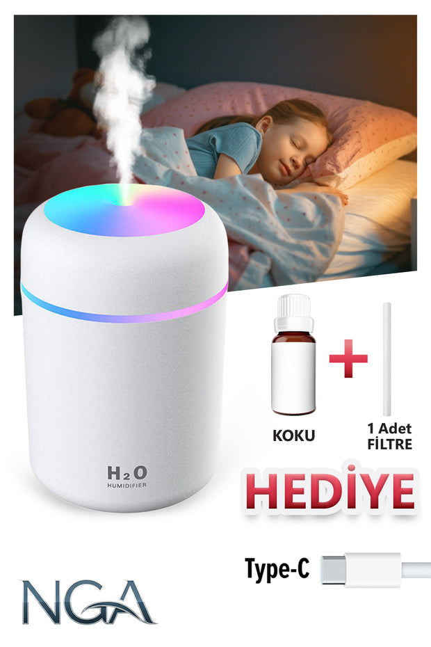 NGA 300 ml H2O Ultrasonik Ledli Hava Nemlendirici Buhar Makinesi Ve Aroma Difüzörü - Koku Hediyeli