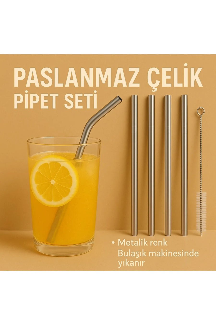 Genel Markalar Çelik Pipet Paslanmaz Çelik Metal Meşrubat Pipeti Ve Pipet Temizleme Fırçası Seti 5 Parça