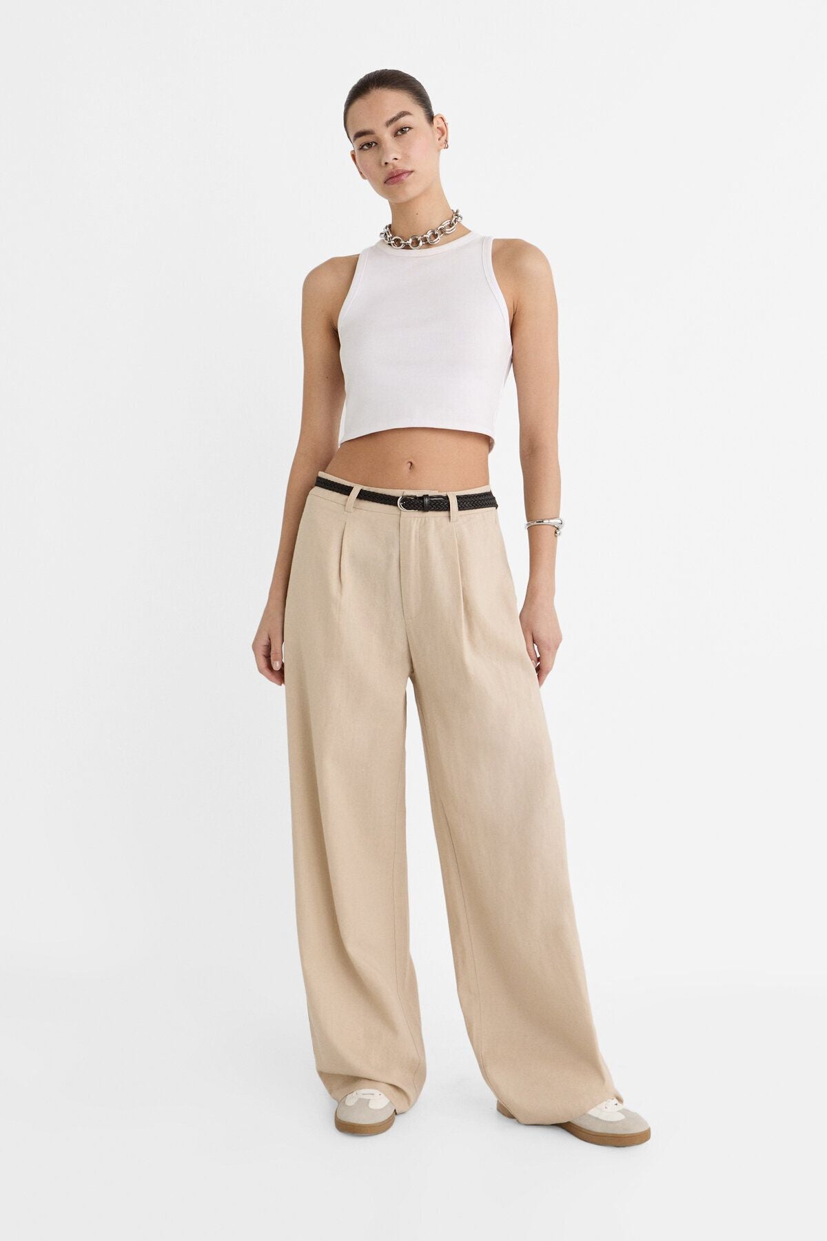 Stradivarius Kemerli keten karışımlı pantolon
