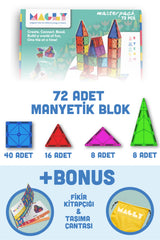 Magly Manyetik Yapı Blokları – Çocuklar İçin Renkli 3 Boyutlu 72 Parça Manyetik Karo Oyun Seti