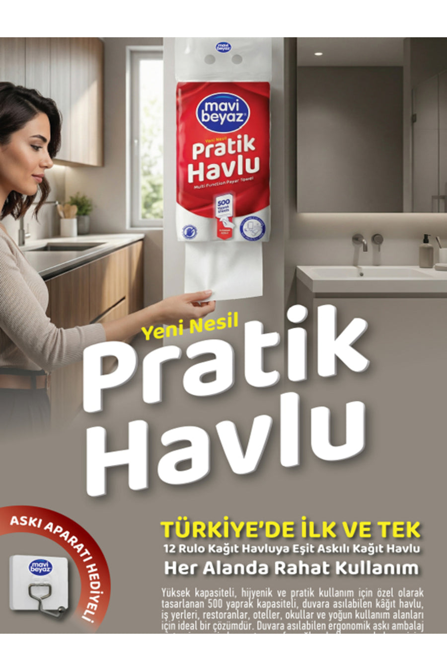 Mavi Beyaz Pratik Havlu 500 Yaprak - Yeni Nesil Çok Amaçlı El ve Yüz Havlusu (Asma Aparatı Hediyeli) - 2 Adet