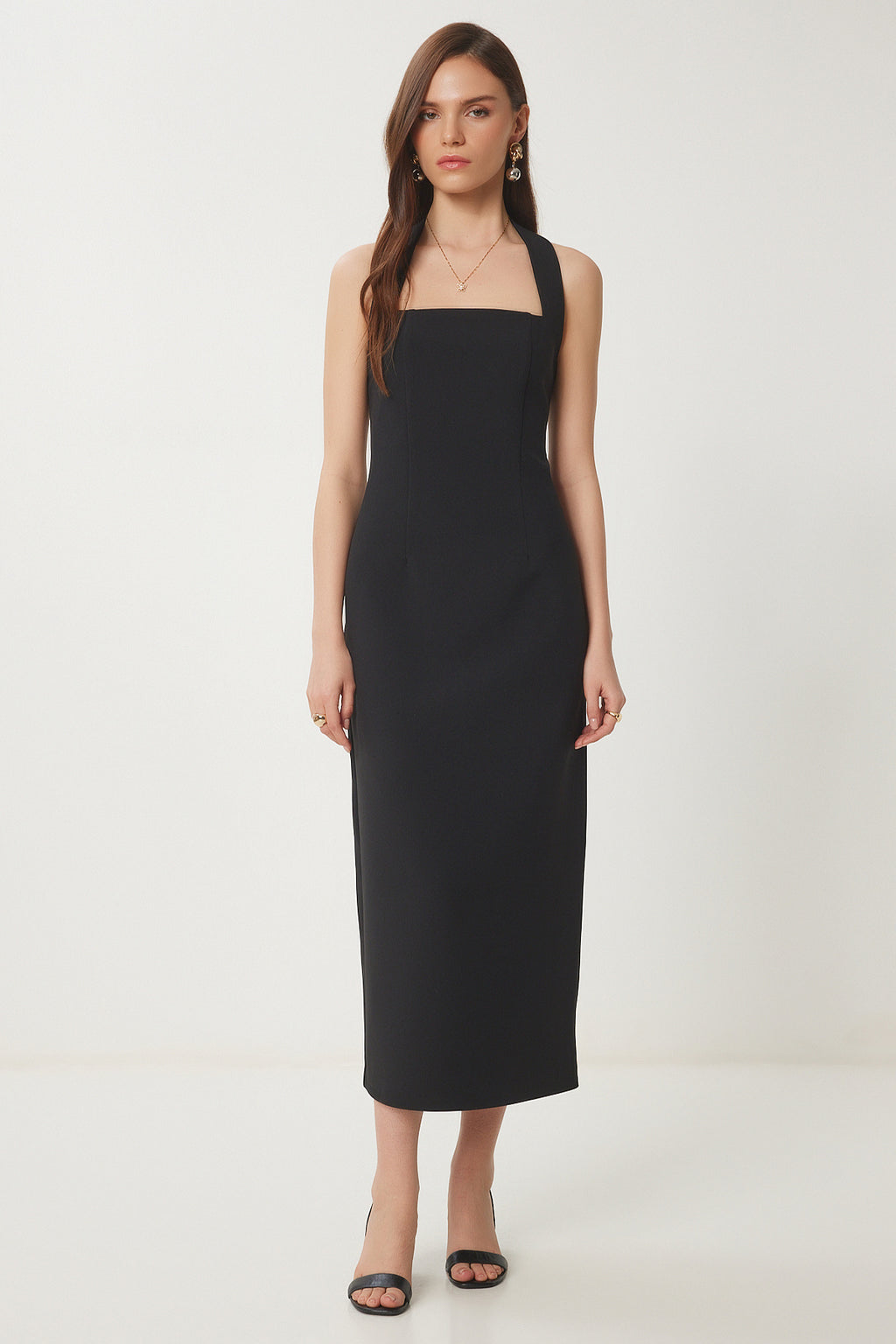 Lovelyİstanbul Kalın Askılı Midi Dokuma Elbise Siyah Lfk0005