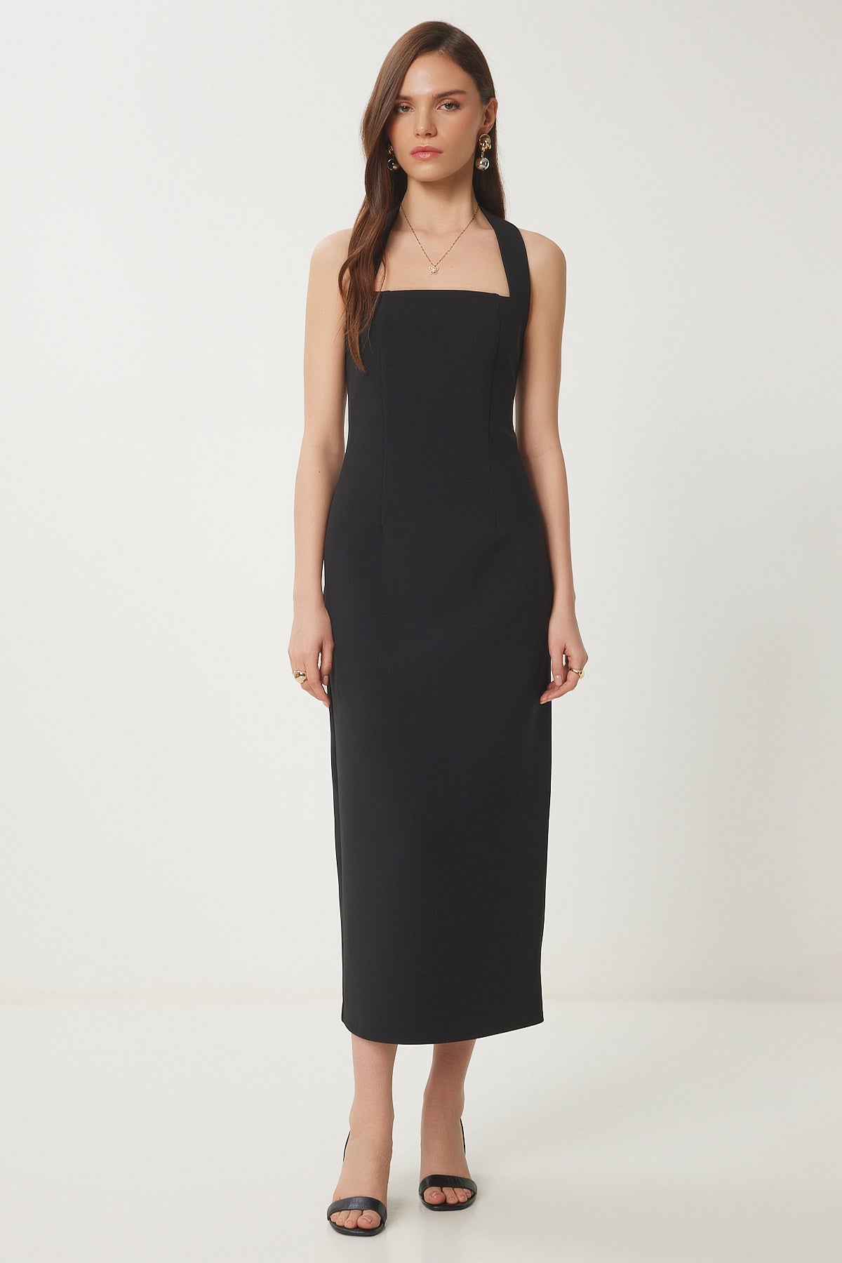 Lovelyİstanbul Kalın Askılı Midi Dokuma Elbise Siyah Lfk0005