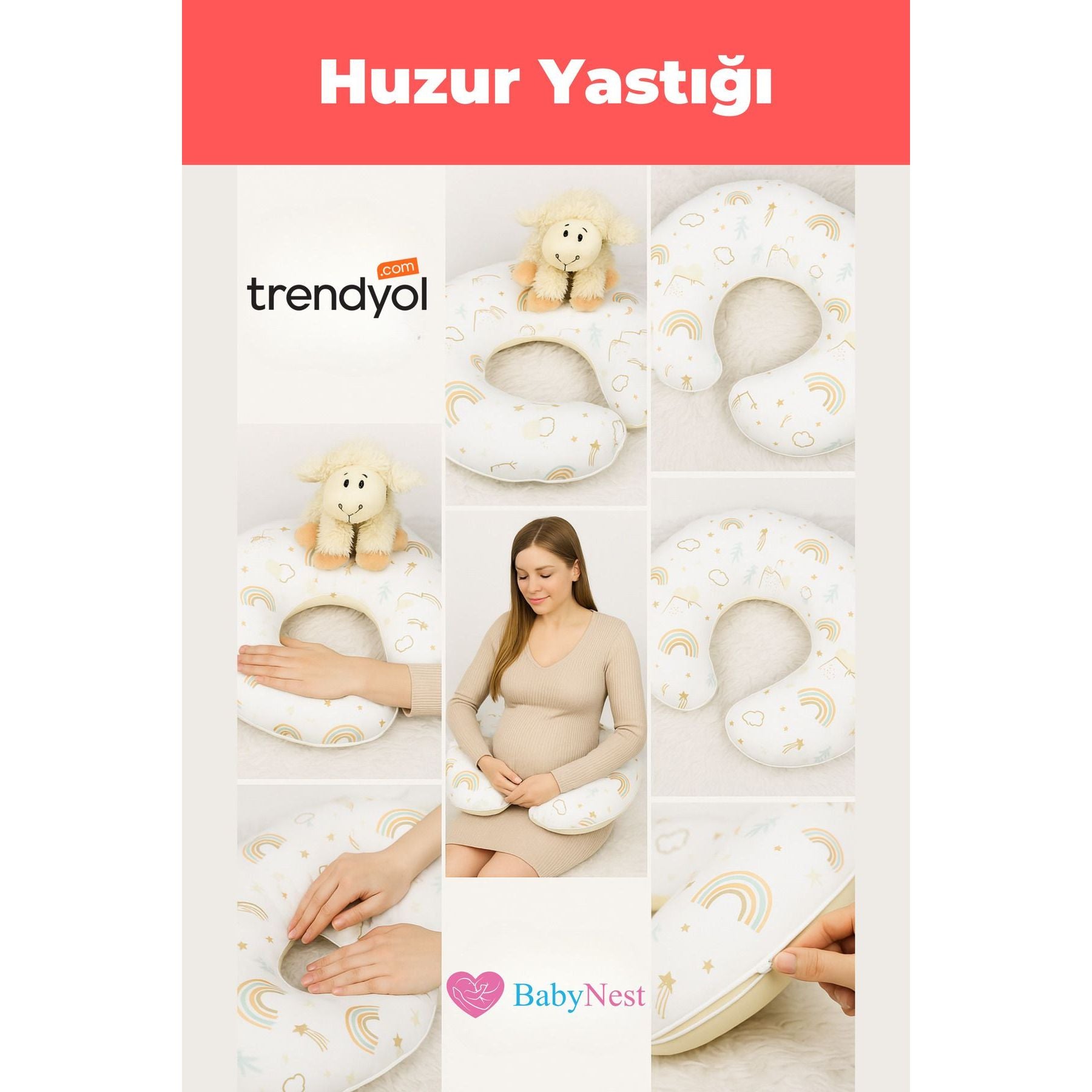 Babynest Emzirme Yastığı ve Destek Minderi Gökkuşağı Bej