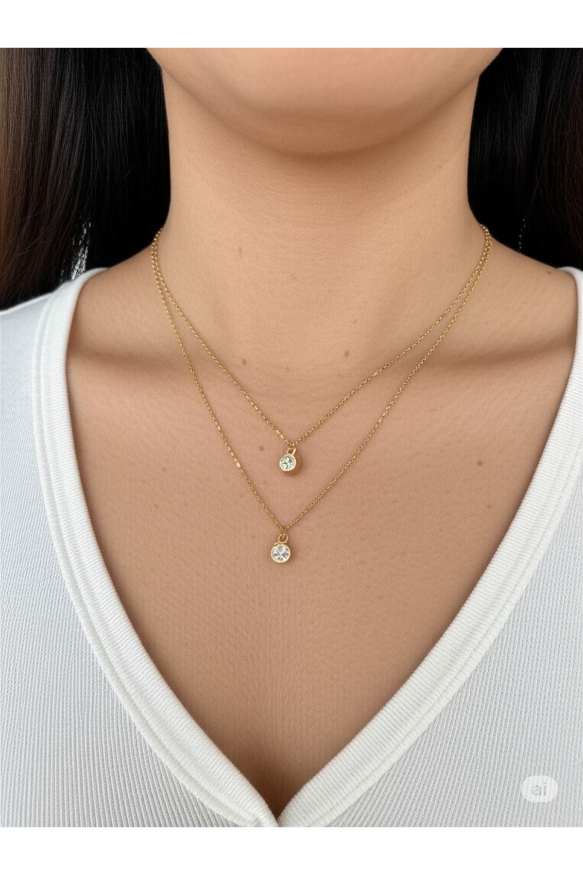 BLİSTAV 2 li Beyaz taşlı paslanmaz kararmaz çelik Gold renk kolye - Beyaz 5