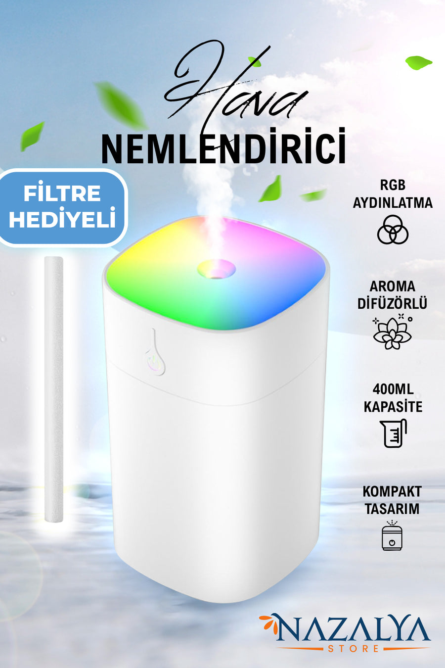 Nazalya 400 ml Ultrasonik Hava Nemlendirici Buhar Makinesi Ve Aroma Difüzörü - Gri Renk