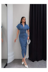 ESRAHELVACI Beli Büzgülü Uzun Denim Elbise - Mavi