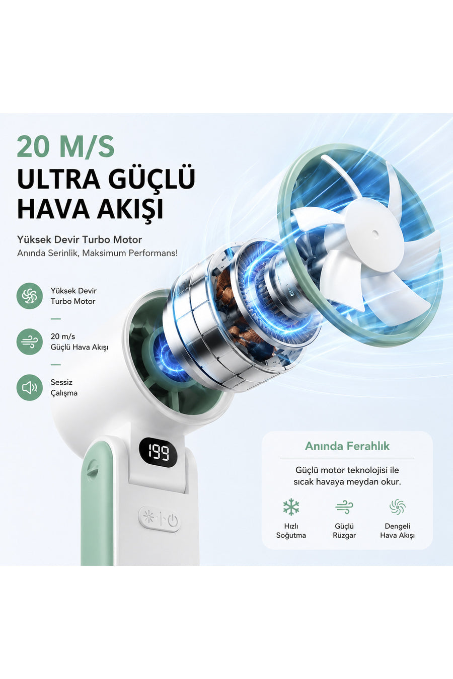 TARÇIN Y19S Taşınabilir Turbo Fan 199 Kademe Dijital Ekranlı Şarjlı El Fanı Boyun Askılı Masaüstü Mini Vantilatör Type-C