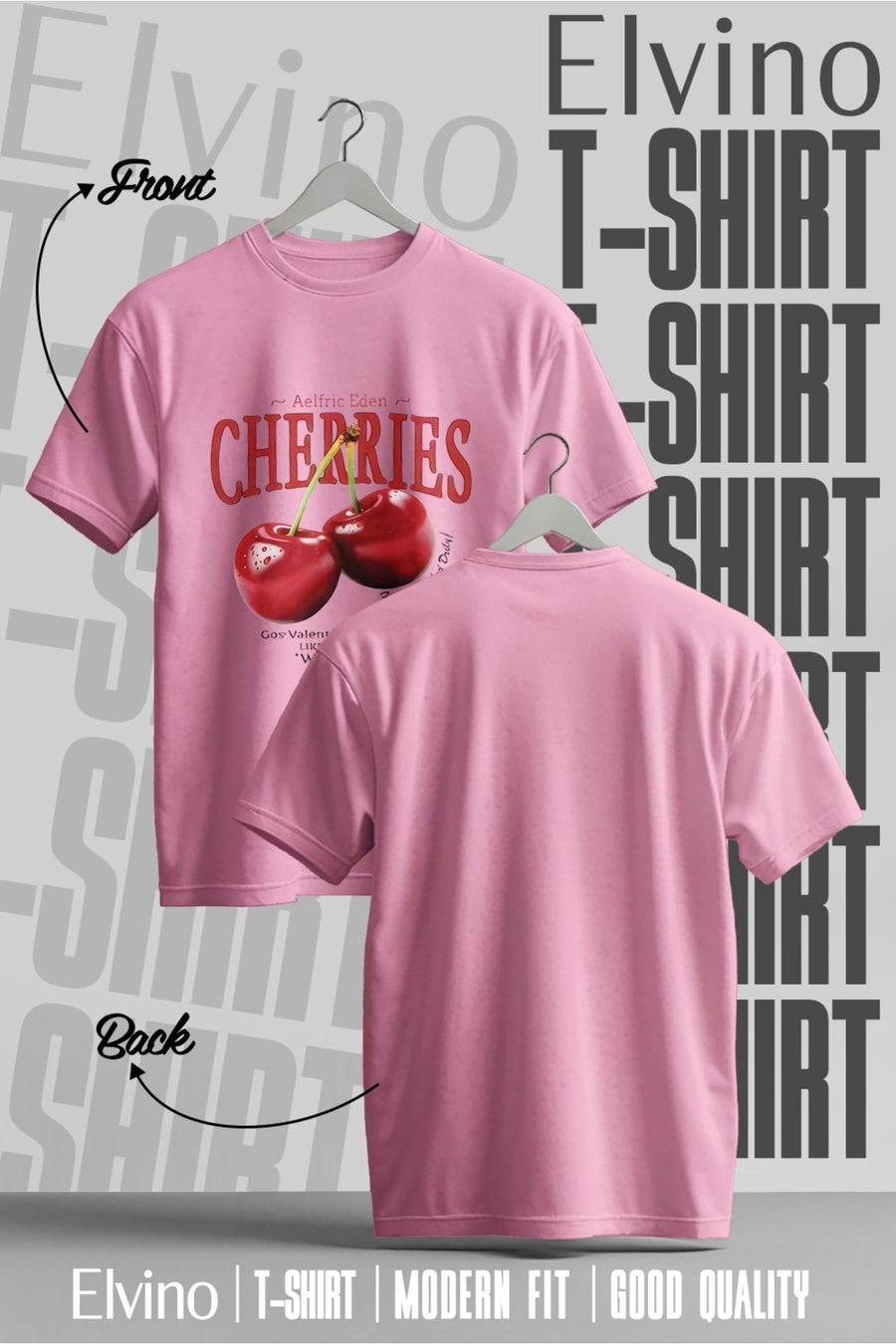 Elvino Red Cherries Baskılı Oversize Kadın/Erkek Unisex Beyaz Tshirt - Pembe