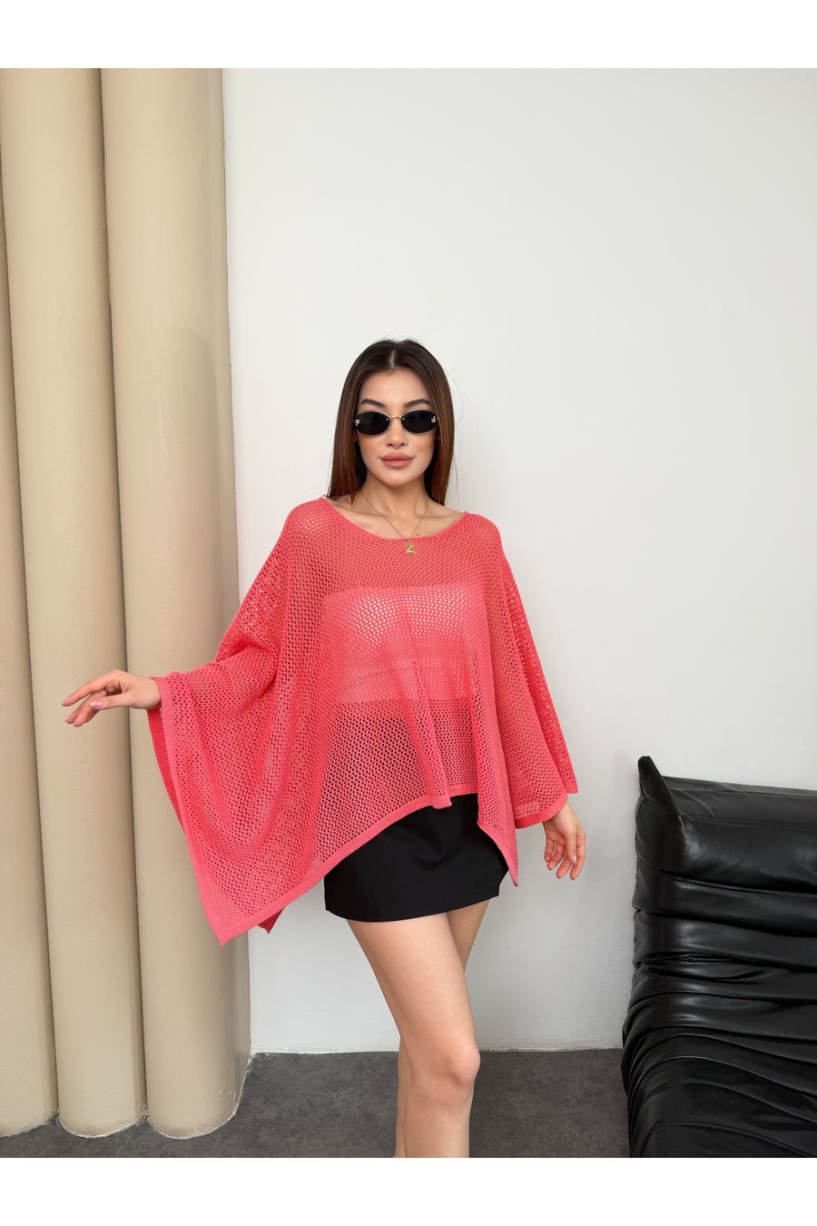 TOFİX textile Kadın File Triko Panço Bluz Salaş Oversize Yarasa Kol Yazlık Örgü Bluz - Turuncu