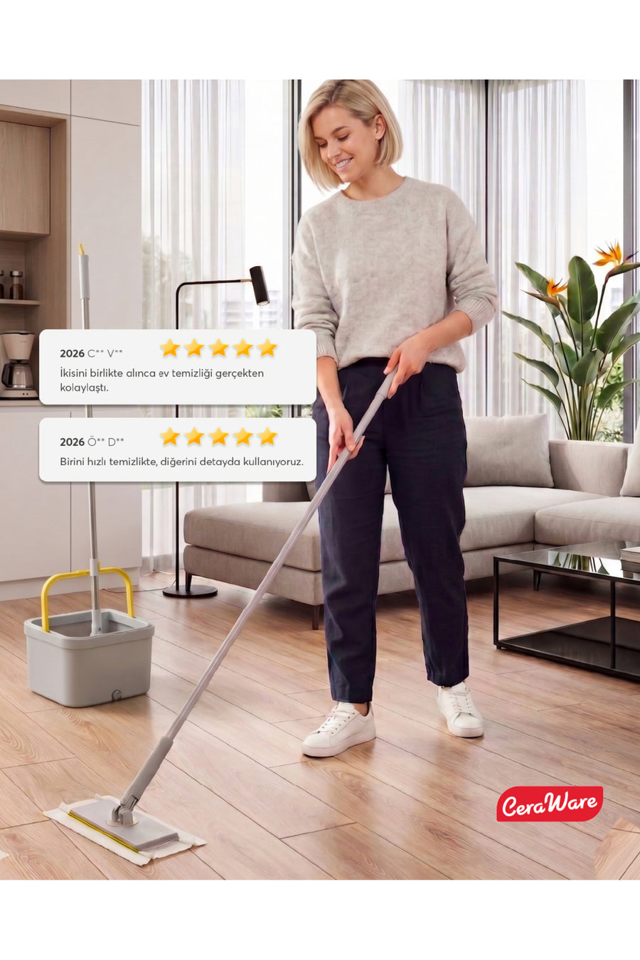 Ceraware Home Care Premium Hijyen Seti Dual System Kare Mop Pratica Click Mop 2 Mikrofiber Bez