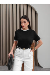 ESRAHELVACI Biyeli Bisiklet Yaka T-Shirt - Beyaz