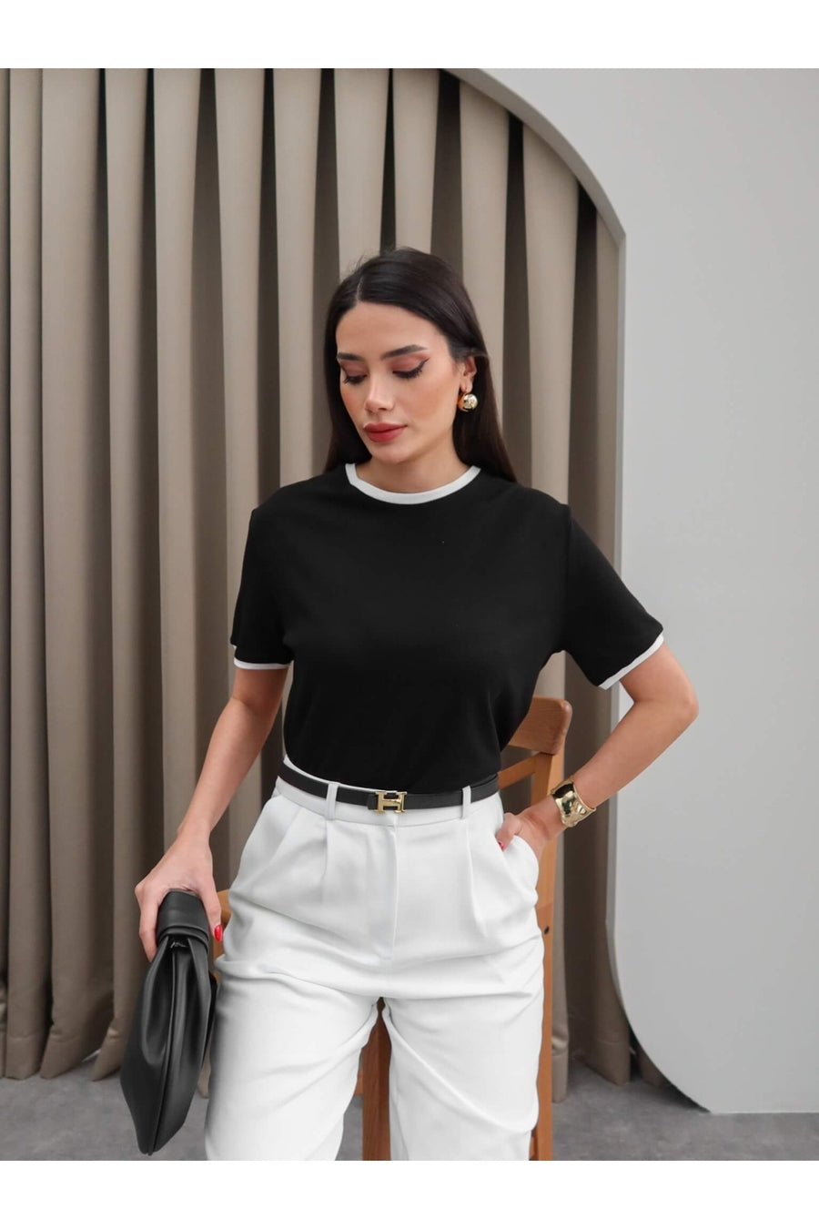 ESRAHELVACI Biyeli Bisiklet Yaka T-Shirt - Beyaz