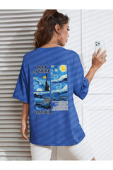 uyguntarz Unisex Van Gogh Baskılı Oversize Tshirt - Mavi