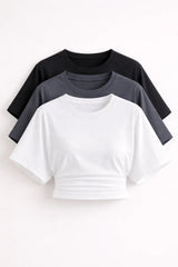 COMBİNE MİCHAİL Kadın Yarasa Kollu Basic Dar 3 Lü Crop Bluz - Bordo