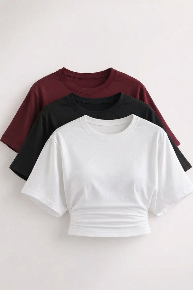 COMBİNE MİCHAİL Kadın Yarasa Kollu Basic Dar 3 Lü Crop Bluz - Yeşil