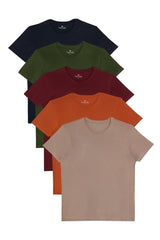 Tudors Unisex 5li Paket Lacivert-Haki-Bordo-Tarçın-Vizon Slim Fit Dar Kesim %100 Pamuk Bisiklet Yaka Tişört - Unisex