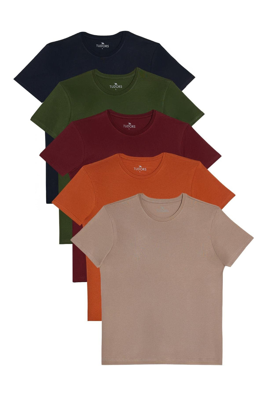 Tudors Unisex 5li Paket Lacivert-Haki-Bordo-Tarçın-Vizon Slim Fit Dar Kesim %100 Pamuk Bisiklet Yaka Tişört - Unisex