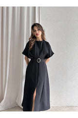 MODA DURAĞI KALİTELİ MİDİ ELBİSE YIRTMAÇ DETAYLI KEMERLİ - Siyah