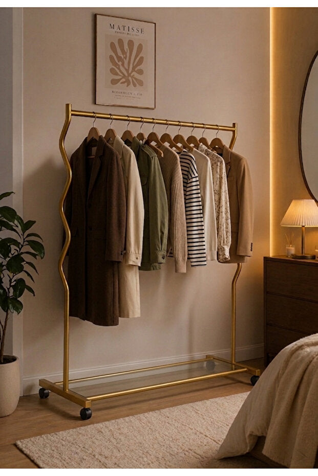 ARVİONHOME Modern Lüks Gold Desenli Metal Tekerlekli Konfeksiyon Askılığı ve Dayanıklı Taşınabilir Raflı Stand