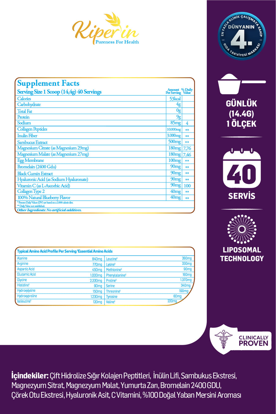 Kiperin %100 Saf ve Doğal Mor & Çoklu Kolajen Peptitleri içeren Lipozomal Teknoloji Diyet Takviyesi (576gr)