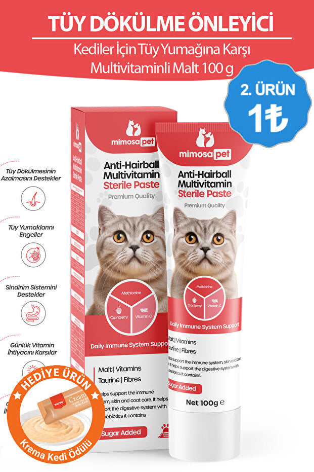 Mimosa Pet Tüy Dökülme Engelleyici, Tüy Yumağı Ve Kusma Önleyici Multivitamin Kedi Malt Macun 100 gr