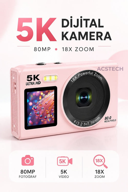 ACSTECH 5K Çift Ekranlı Dijital Fotoğraf Makinesi | 80MP | 18X Zoom | 32GB Hafıza Kart Hediyeli - Siyah