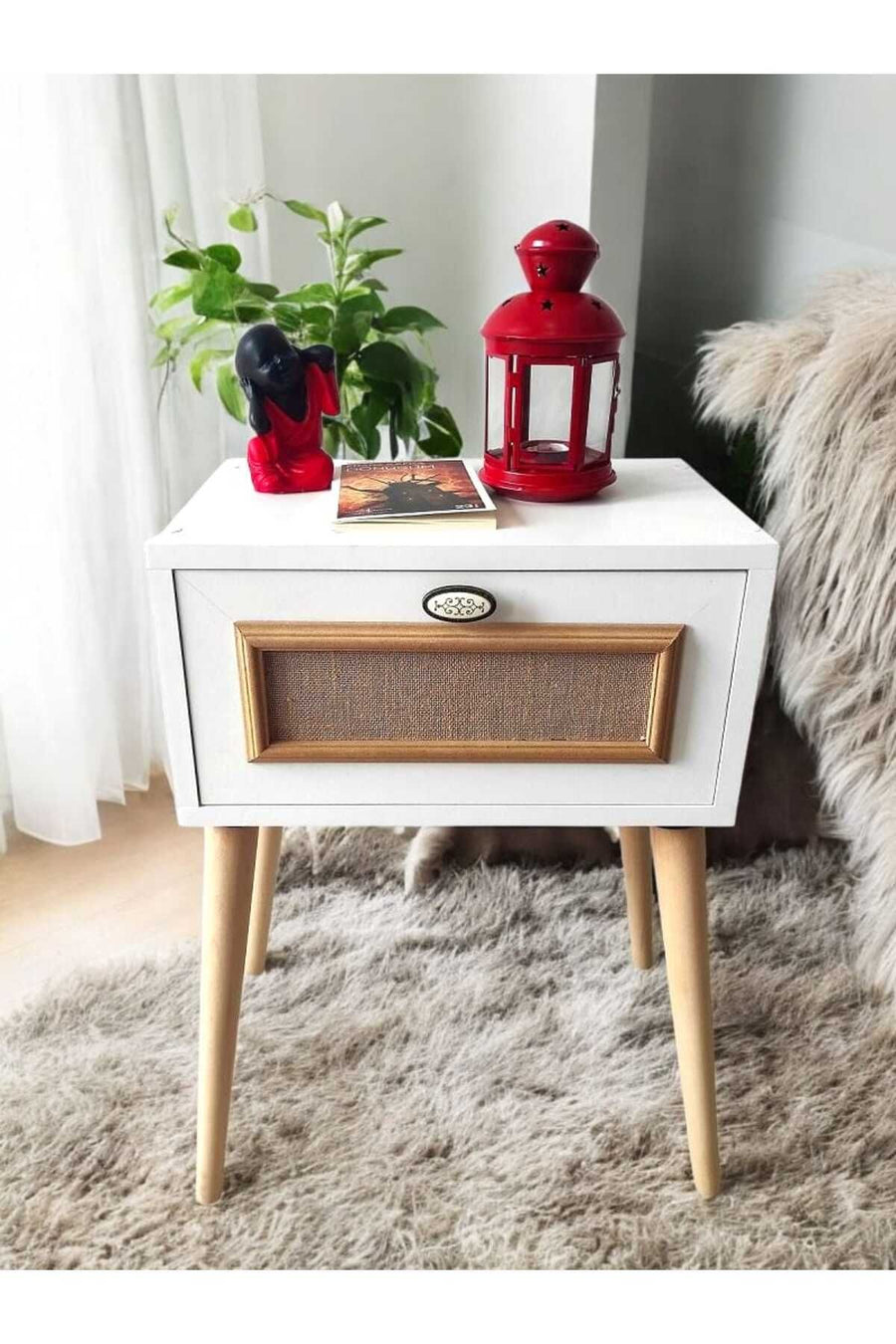 MBK AHŞAP Yatak Başucu Komodin Retro Komodin Modeli Kapaklı Komidin Kapaklı Mat Beyaz