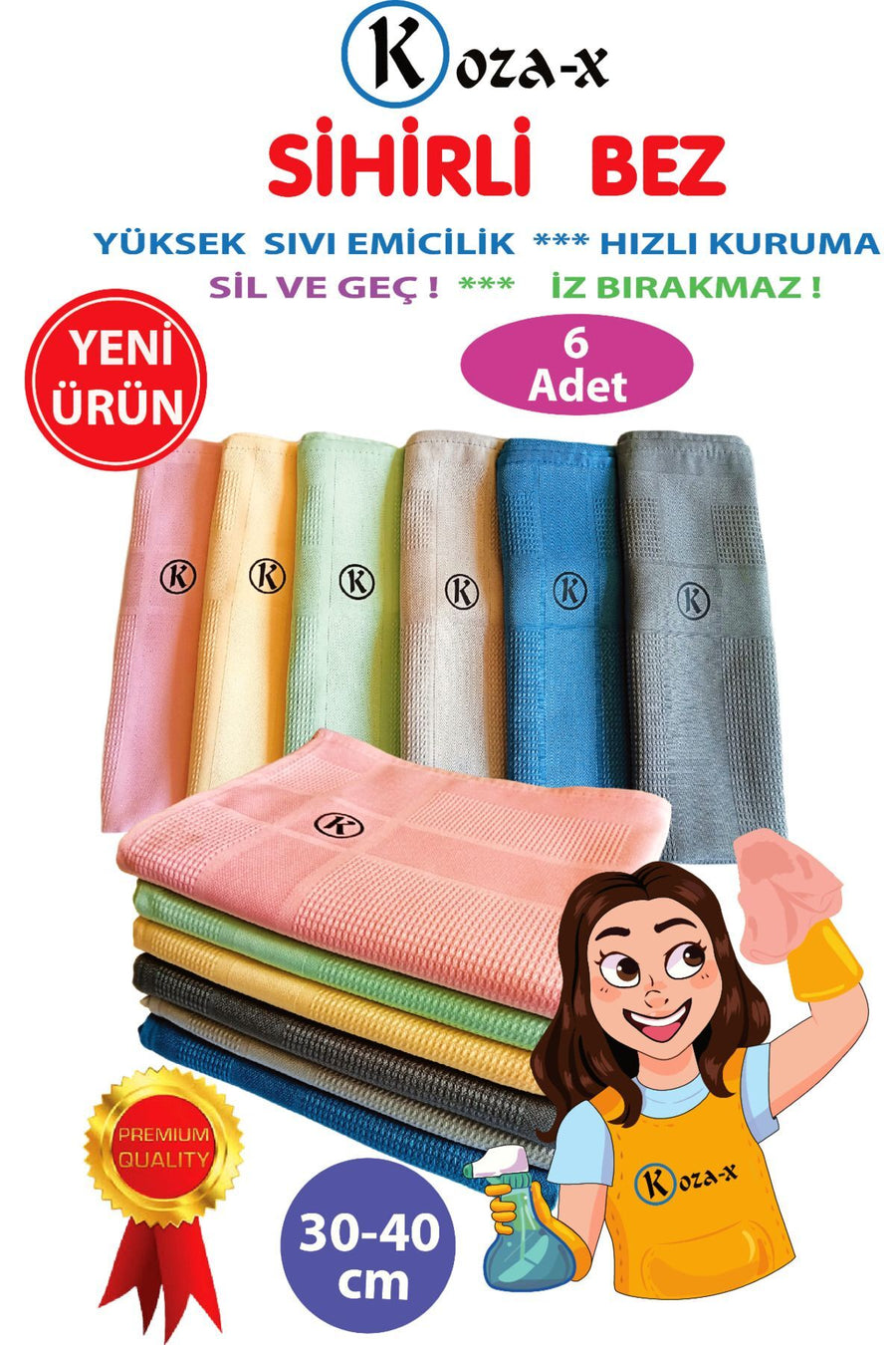 Koza-X Mikrofiber Sihirli Temizlik Bezi 6 Adet Cam,ayna,mutfak,banyo,araç Genel Temizlik Bezi (30/40 CM)