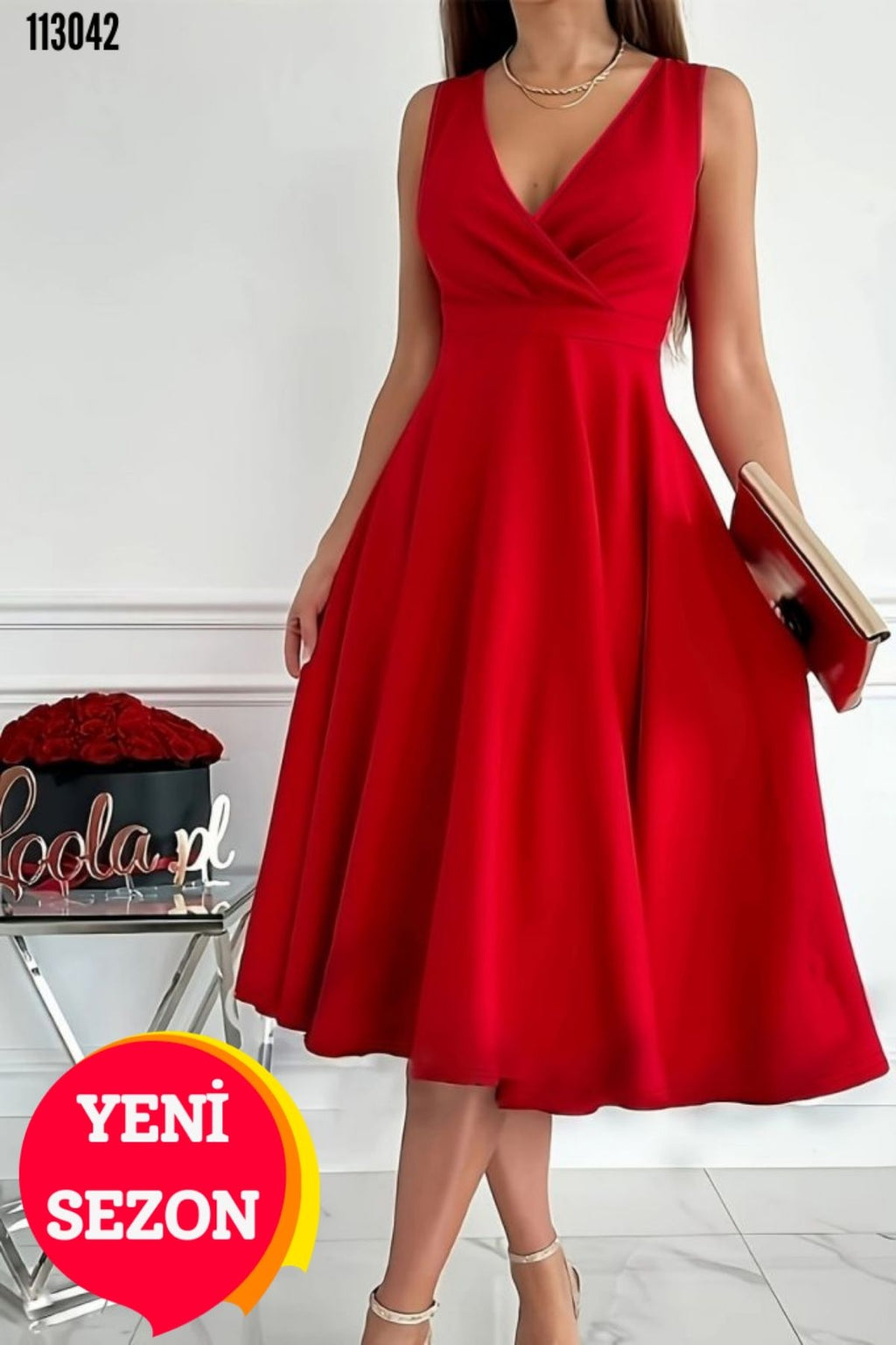 Kokosh moda Kadın Kruvaze Yaka Kloş Midi Elbise