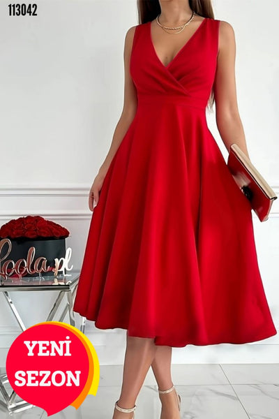 Kokosh moda Kadın Kruvaze Yaka Kloş Midi Elbise