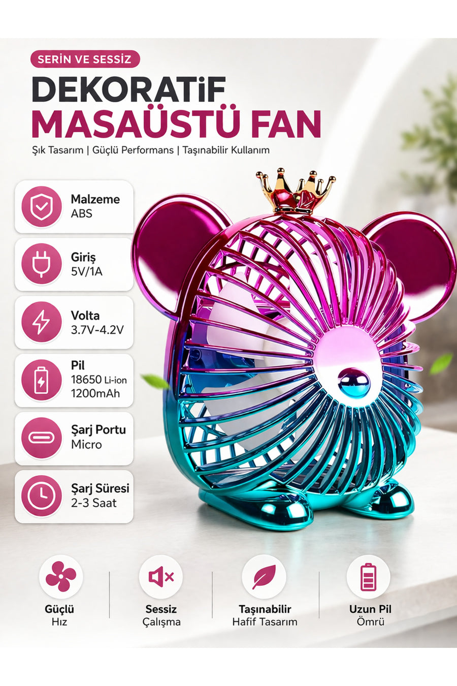 XİRA USB Şarjlı Dekoratif Masaüstü Fan 1200mAh Sessiz Mini Vantilatör 3 Kademeli