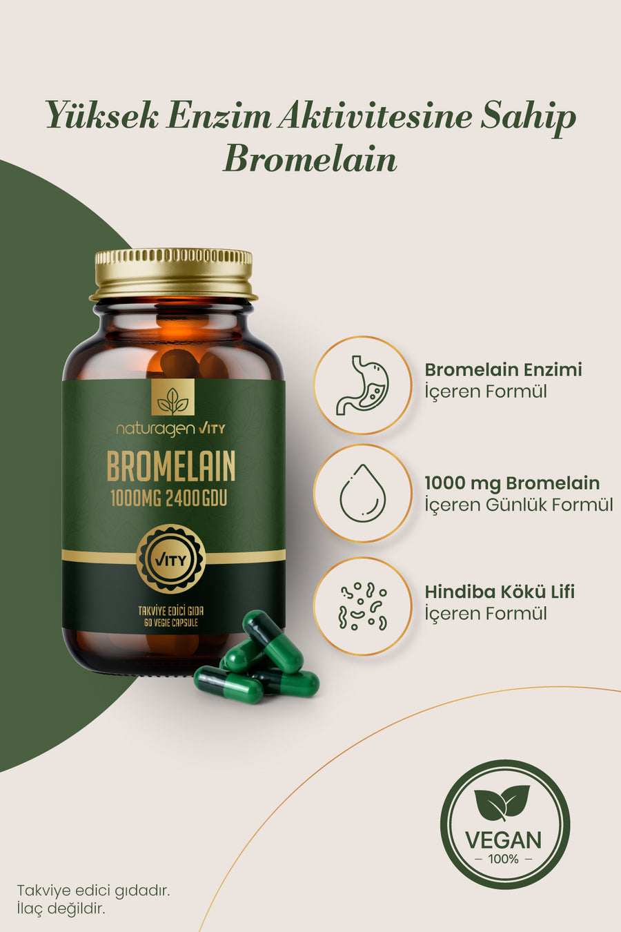 Naturagen Bromelain 2400 GDU 1000 mg 60 Kapsül | Ananas Kaynaklı Enzim | Yüksek Enzim Aktivitesi