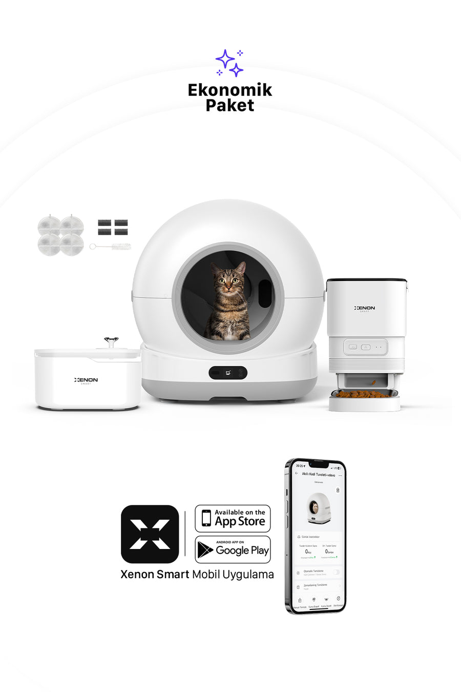 Xenon Smart Akıllı Otomatik Kedi Tuvaleti, Mama Kabı ve Su Pınarı 4'lü Pet Ürünleri Seti