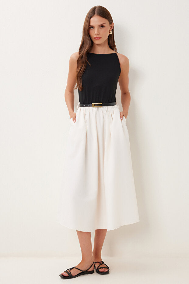 Lovelyİstanbul Esnek Örme Üstlü Poplin Etekli Elbise SİYAH KREM LUB0121