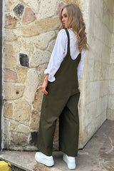 Trend Alaçatı Stili Haki Önü Cepli Askılı Gabardin Bahçıvan Tulum ALC-X12186 - Kahve