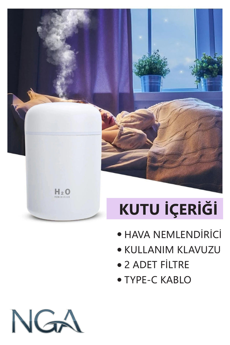 NGA 300 ml H2O Ultrasonik Ledli Hava Nemlendirici Buhar Makinesi Ve Aroma Difüzörü - Koku Hediyeli