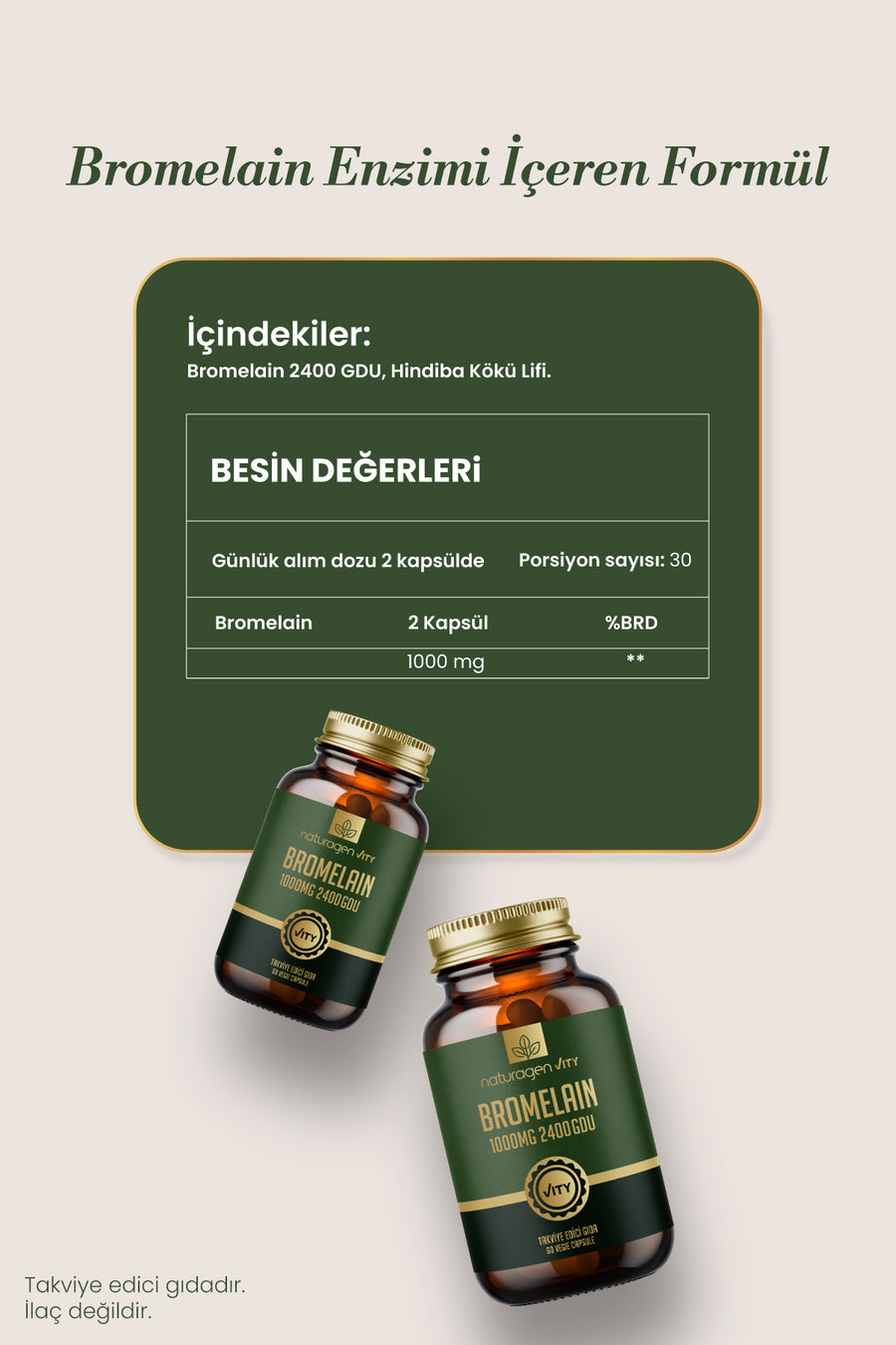 Naturagen Bromelain 2400 GDU 1000 mg 60 Kapsül | Ananas Kaynaklı Enzim | Yüksek Enzim Aktivitesi