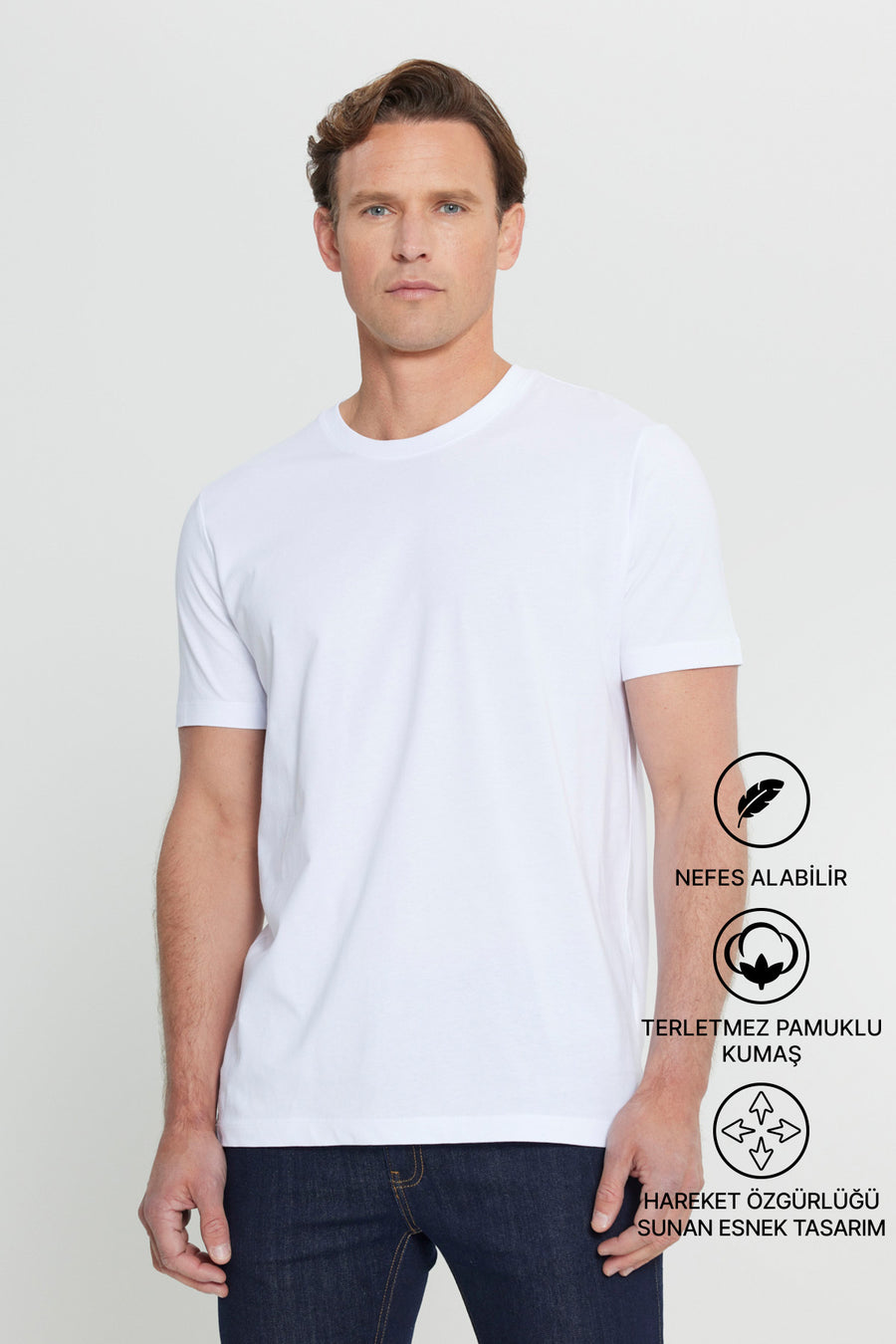 AC&Co / Altınyıldız Classics Erkek/unisex Beyaz %100 Pamuk Slim Fit Dar Kesim Bisiklet Yaka Basic Tişört - Lacivert