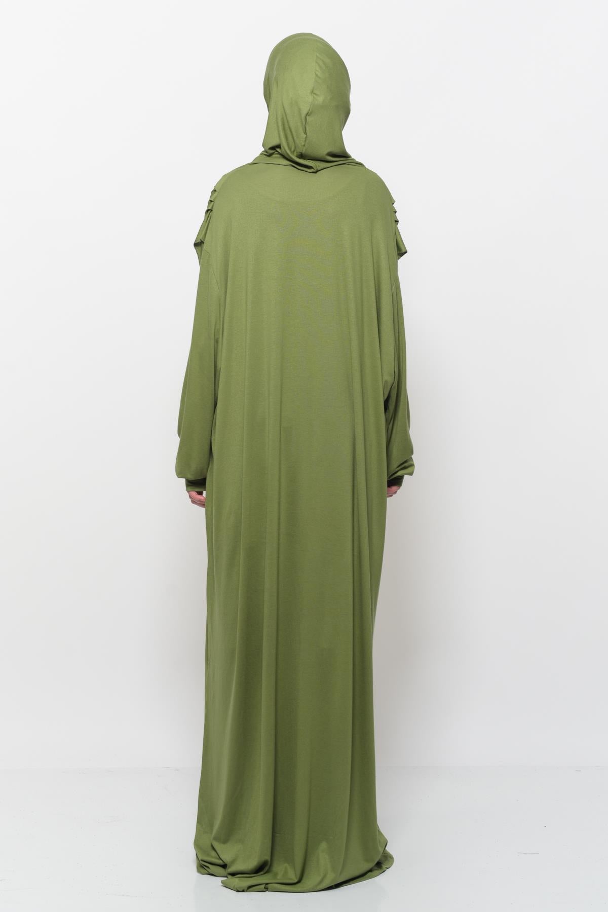 Altobeh Pratik Tek Parça Pamuklu Yarasa Kollu Tak Çıkar Başörtülü Organik Namaz Elbisesi Fıstık Yeşili